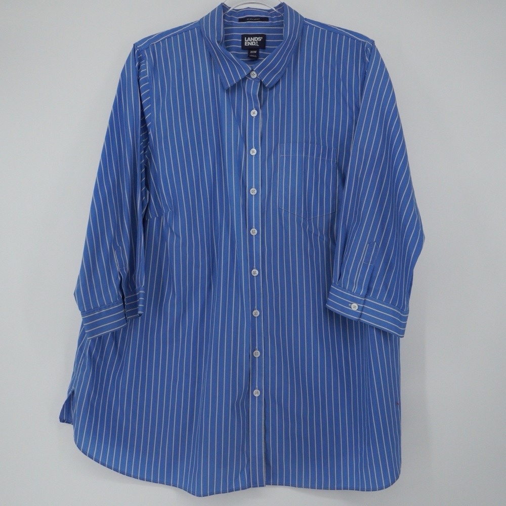 Lands End Button Front No Iron Supima Cotton Shirt  Size 20W Blue Coastal